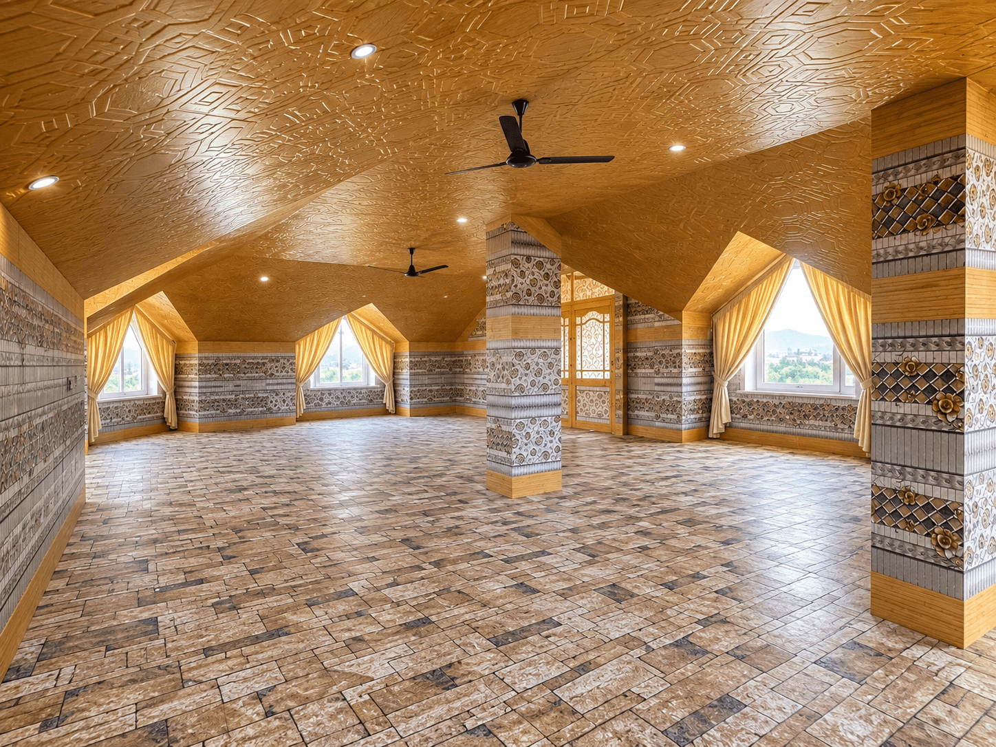 Wood-lined celebration hall at Mountain Muse